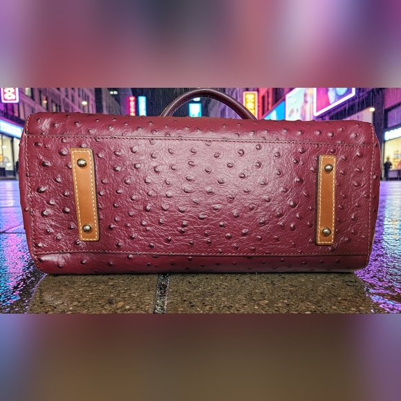 Dooney & Bourke Burgundy Ostrich Zip Satchel With Tan Handles - Picture 4 of 16